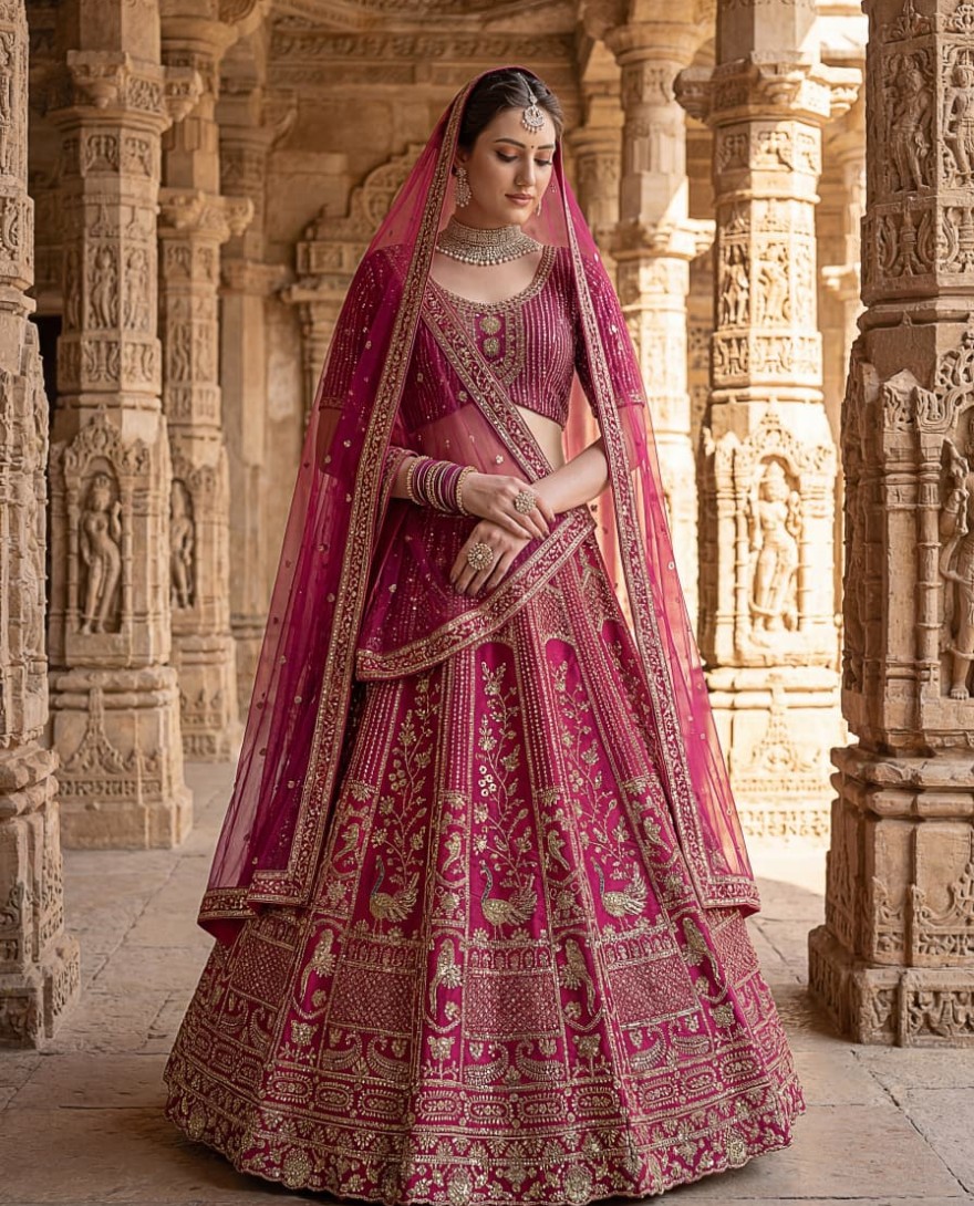 PINK - Classy Pink Thread Work Silk Bridal Lehenga Choli With Double Dupatta